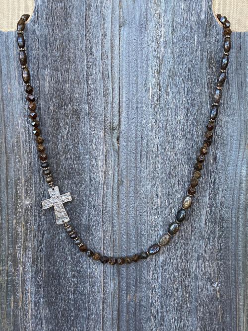 Bronze Sideways Cross Long Necklace, Bronzite Gemstone Necklace, Antique Replica Cross, Faceted Star Cut Beads, Artisan Christian Necklace