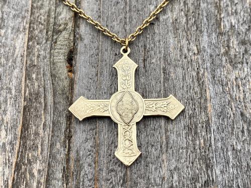 Antique Gold Rare French Saint Benedict Cross Medal Pendant Necklace, Antique Replica, Benedictine, From France, St Benedicti, 19th Century