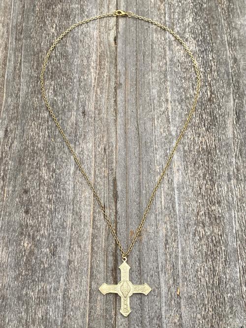 Antique Gold Rare French Saint Benedict Cross Medal Pendant Necklace, Antique Replica, Benedictine, From France, St Benedicti, 19th Century