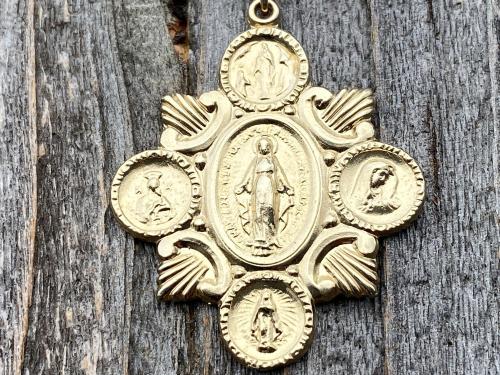 Rare Gold Marian Apparitions Medal, Antique Replica, Marian Devotions Pendant, Miraculous Medal, Our Lady of Lourdes, Blessed Virgin Mary