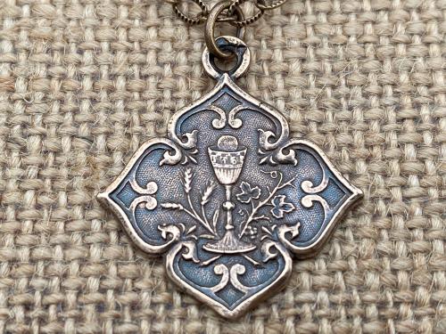 Bronze Holy Eucharist Diamond Pendant Medal Necklace, Antique Replica, French Catholic Medal, Catholic Medal from France, Holy Communion