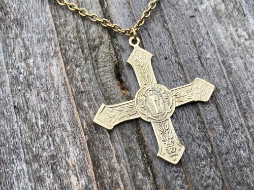 Antique Gold Rare French Saint Benedict Cross Medal Pendant Necklace, Antique Replica, Benedictine, From France, St Benedicti, 19th Century