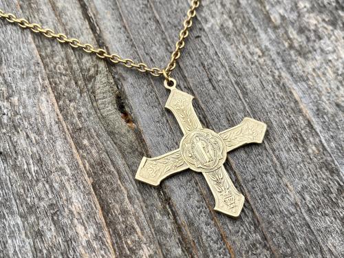 Antique Gold Rare French Saint Benedict Cross Medal Pendant Necklace, Antique Replica, Benedictine, From France, St Benedicti, 19th Century