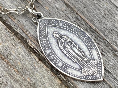 Sterling Silver French Immaculate Conception & Sacred Heart of Jesus Antique Replica Medal Necklace, Our Lady of Lourdes France, Holy Mother