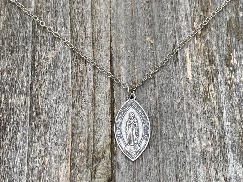 Sterling Silver French Immaculate Conception & Sacred Heart of Jesus Antique Replica Medal Necklace, Our Lady of Lourdes France, Holy Mother