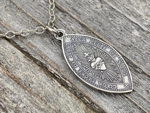 Sterling Silver French Immaculate Conception & Sacred Heart of Jesus Antique Replica Medal Necklace, Our Lady of Lourdes France, Holy Mother