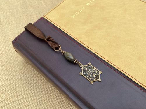 First Holy Communion Bookmark Gift, Hexagon with Eucharist Symbols, Bible Bookmark, 1st Communion, Bronzite Gemstone, Brown Ribbon, Chalice