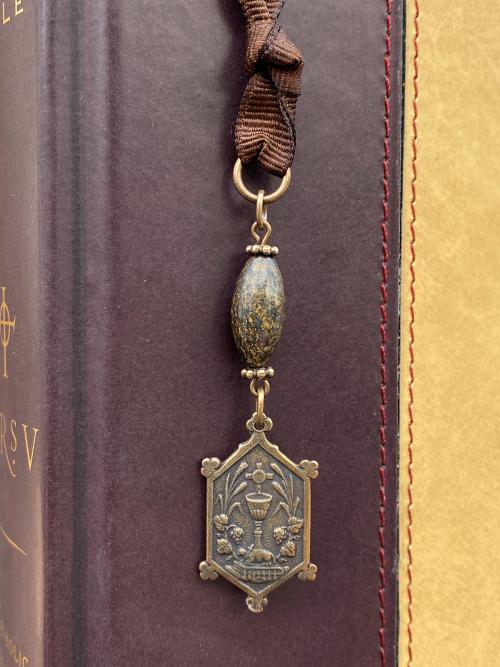First Holy Communion Bookmark Gift, Hexagon with Eucharist Symbols, Bible Bookmark, 1st Communion, Bronzite Gemstone, Brown Ribbon, Chalice