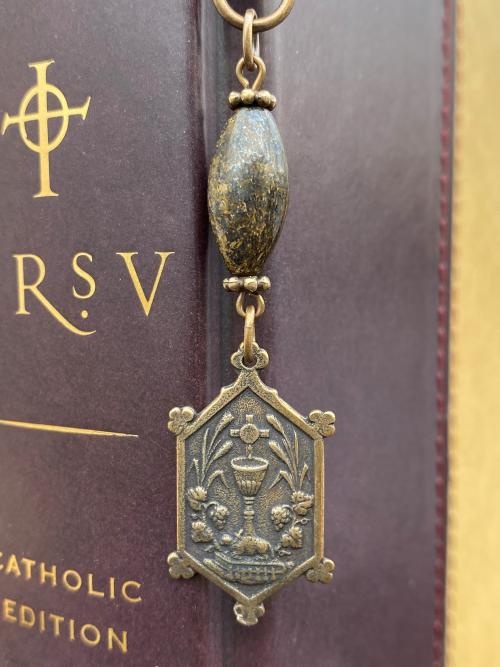 First Holy Communion Bookmark Gift, Hexagon with Eucharist Symbols, Bible Bookmark, 1st Communion, Bronzite Gemstone, Brown Ribbon, Chalice