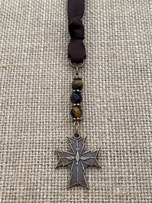 Bronze Holy Spirit Cross Bookmark, Bible Bookmark, Confirmation Gift, Yellow Tigereye Gemstone, Brown Ribbon, Confirmand, Catholic Book Mark