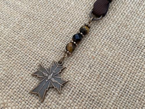 Bronze Holy Spirit Cross Bookmark, Bible Bookmark, Confirmation Gift, Yellow Tigereye Gemstone, Brown Ribbon, Confirmand, Catholic Book Mark