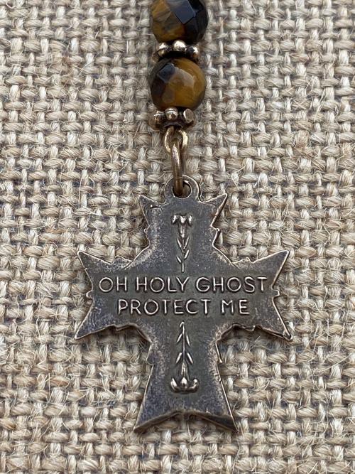 Bronze Holy Spirit Cross Bookmark, Bible Bookmark, Confirmation Gift, Yellow Tigereye Gemstone, Brown Ribbon, Confirmand, Catholic Book Mark