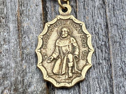 Antique Gold St. Peregrine Medal Pendant Necklace, Antique Replica, Patron Saint of Cancer Patients, Saint Peregrinus, Saint Pellegrino Gift