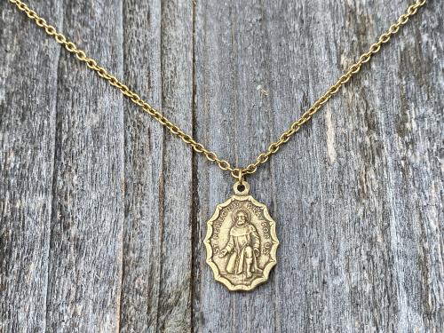 Antique Gold St. Peregrine Medal Pendant Necklace, Antique Replica, Patron Saint of Cancer Patients, Saint Peregrinus, Saint Pellegrino Gift