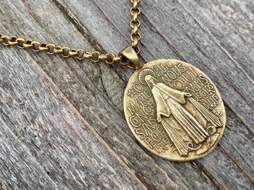 French Miraculous Medal in Antique Gold, Oxidized Gold Bronze, Antique Replica, Rolo Necklace, Our Lady of the Miracle, Blessed Mother MM1