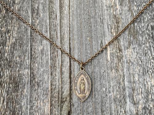 Bronze Immaculate Conception & Sacred Heart of Jesus French Antique Replica Medal Necklace Our Lady of Lourdes, Signed Penin Lyon France