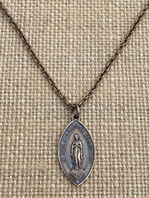 Bronze Immaculate Conception & Sacred Heart of Jesus French Antique Replica Medal Necklace Our Lady of Lourdes, Signed Penin Lyon France