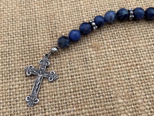 Chaplet of Saint Peregrine, Sterling Silver Medal & Crucifix, Sodalite Gemstones Beads, Antique Replicas, Patron Saint of Cancer Patients