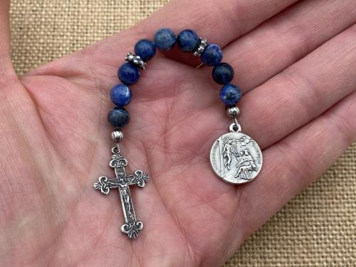 Chaplet of Saint Peregrine, Sterling Silver Medal & Crucifix, Sodalite Gemstones Beads, Antique Replicas, Patron Saint of Cancer Patients