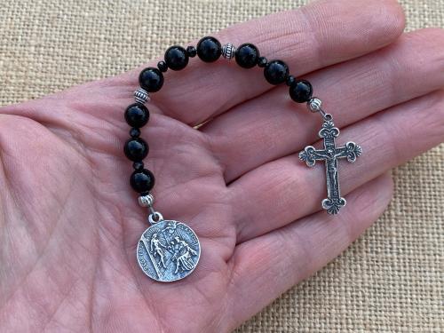 Chaplet of St Peregrine, Sterling Silver Medal & Crucifix, Black Obsidian Gemstone Beads, Antique Replicas, Patron Saint of Cancer Patients