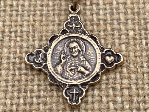 Bronze Sacred Heart of Jesus, with Holy Spirit, Faith, Hope & Love Symbols, Antique Replica, Cross Pendant Necklace, Dove Cross Anchor Heart