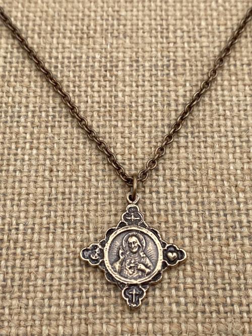 Bronze Sacred Heart of Jesus, with Holy Spirit, Faith, Hope & Love Symbols, Antique Replica, Cross Pendant Necklace, Dove Cross Anchor Heart
