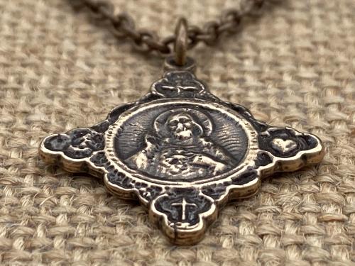 Bronze Sacred Heart of Jesus, with Holy Spirit, Faith, Hope & Love Symbols, Antique Replica, Cross Pendant Necklace, Dove Cross Anchor Heart