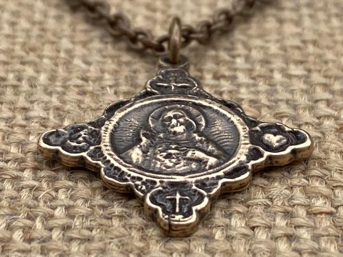 Bronze Sacred Heart of Jesus, with Holy Spirit, Faith, Hope & Love Symbols, Antique Replica, Cross Pendant Necklace, Dove Cross Anchor Heart