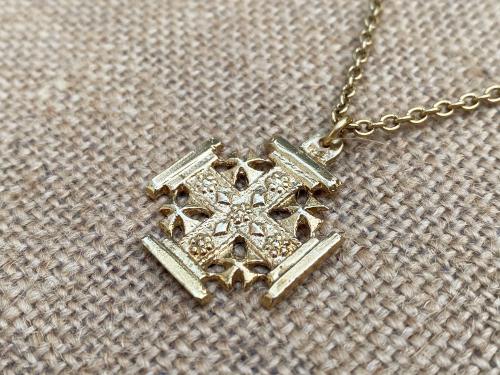 Gold Jerusalem Cross Pendant Necklace, Antique Replica Medal, Crusader's Cross, Five Wounds of Christ, Cross-and-Crosslets, Heraldic Cross