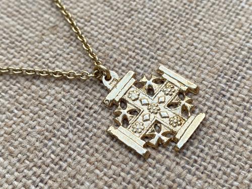 Gold Jerusalem Cross Pendant Necklace, Antique Replica Medal, Crusader's Cross, Five Wounds of Christ, Cross-and-Crosslets, Heraldic Cross