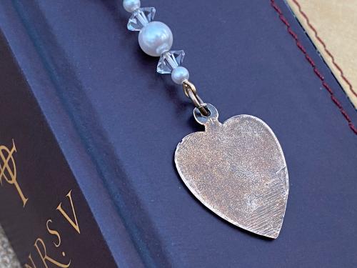 First Holy Communion Bookmark Gift, Heart with Eucharist Symbols, Bible Bookmark, 1st Communion, Swarovski Pearls and Crystals, White Ribbon