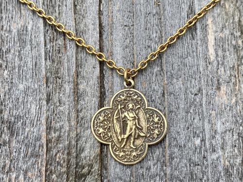 Antique Gold St. Raphael the Archangel (Angel of Healing) Antique Replica Medal Medallion Necklace Prayer Gold Bronze Patron Saint Sick Ill