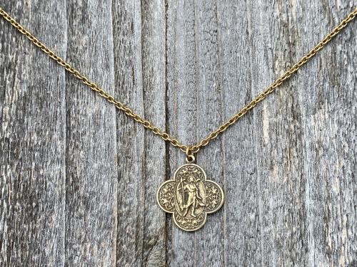 Antique Gold St. Raphael the Archangel (Angel of Healing) Antique Replica Medal Medallion Necklace Prayer Gold Bronze Patron Saint Sick Ill