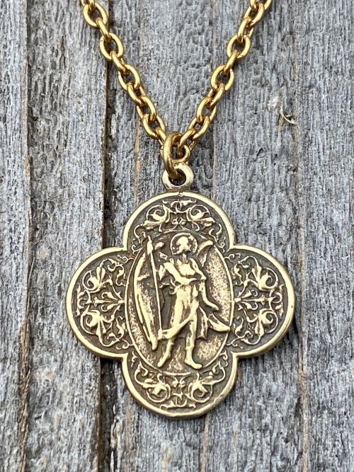 Antique Gold St. Raphael the Archangel (Angel of Healing) Antique Replica Medal Medallion Necklace Prayer Gold Bronze Patron Saint Sick Ill