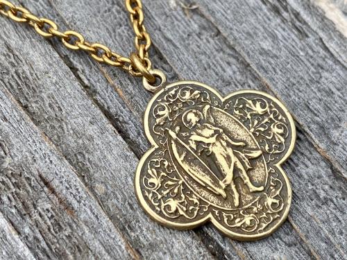 Antique Gold St. Raphael the Archangel (Angel of Healing) Antique Replica Medal Medallion Necklace Prayer Gold Bronze Patron Saint Sick Ill