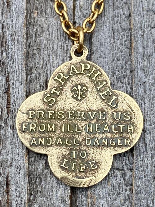 Antique Gold St. Raphael the Archangel (Angel of Healing) Antique Replica Medal Medallion Necklace Prayer Gold Bronze Patron Saint Sick Ill