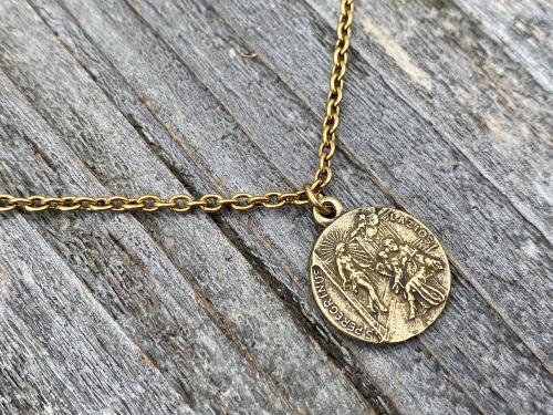 Antique Gold St. Peregrine Laziosi Medal and Necklace - Patron Saint of Cancer - Saint Peregrinus Pellegrino on an Antique Gold Cable Chain