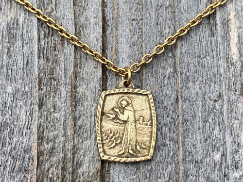 Antique Gold St. Francis of Assisi Blessing Prayer Medal Pendant Necklace Saint Catholic Italian Antique Replica Lord Bless You and Keep You