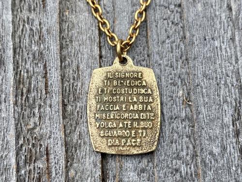 Antique Gold St. Francis of Assisi Blessing Prayer Medal Pendant Necklace Saint Catholic Italian Antique Replica Lord Bless You and Keep You