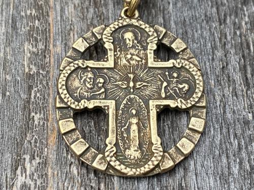 Antique Gold Five 5 Way Medal Antique Replica Necklace Chain 5-Way Scapular 4-Way 4 Way Cross Catholic Unisex Miraculous Medal Gold Bronze