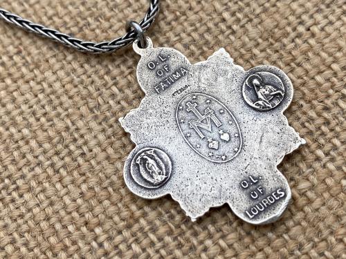 Sterling Silver Rare Marian Devotions Medal, Pendant, Necklace, Antique Replica, Miraculous Medal, Immaculate Heart, Our Lady of Lourdes