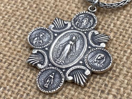 Sterling Silver Rare Marian Devotions Medal, Pendant, Necklace, Antique Replica, Miraculous Medal, Immaculate Heart, Our Lady of Lourdes