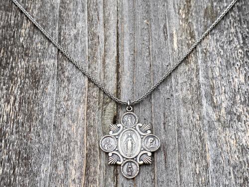 Sterling Silver Rare Marian Devotions Medal, Pendant, Necklace, Antique Replica, Miraculous Medal, Immaculate Heart, Our Lady of Lourdes