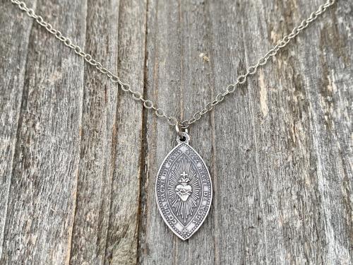 Sterling Silver French Immaculate Conception & Sacred Heart of Jesus Antique Replica Medal Necklace, Our Lady of Lourdes France, Holy Mother