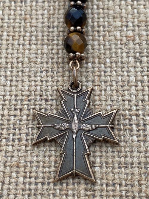 Bronze Holy Spirit Cross Bookmark, Bible Bookmark, Confirmation Gift, Yellow Tigereye Gemstone, Brown Ribbon, Confirmand, Catholic Book Mark