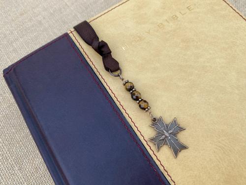 Bronze Holy Spirit Cross Bookmark, Bible Bookmark, Confirmation Gift, Yellow Tigereye Gemstone, Brown Ribbon, Confirmand, Catholic Book Mark