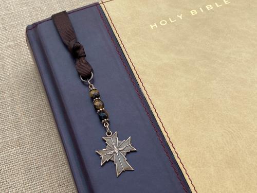 Bronze Holy Spirit Cross Bookmark, Bible Bookmark, Confirmation Gift, Yellow Tigereye Gemstone, Brown Ribbon, Confirmand, Catholic Book Mark