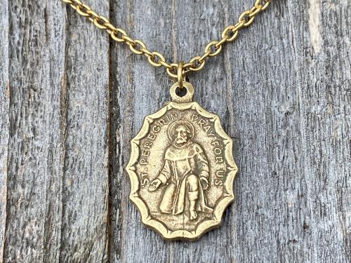 Antique Gold St. Peregrine Medal Pendant Necklace, Antique Replica, Patron Saint of Cancer Patients, Saint Peregrinus, Saint Pellegrino Gift