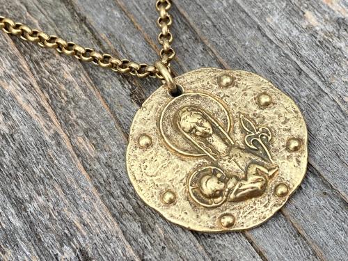 Antique Gold Large Mother Mary and Baby Jesus Fleur de Lis Pendant, French Antique Replica Medal, Rolo Chain Necklace, Artist Elie Pellegrin