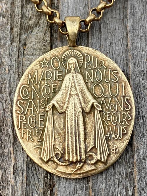 French Miraculous Medal in Antique Gold, Oxidized Gold Bronze, Antique Replica, Rolo Necklace, Our Lady of the Miracle, Blessed Mother MM1
